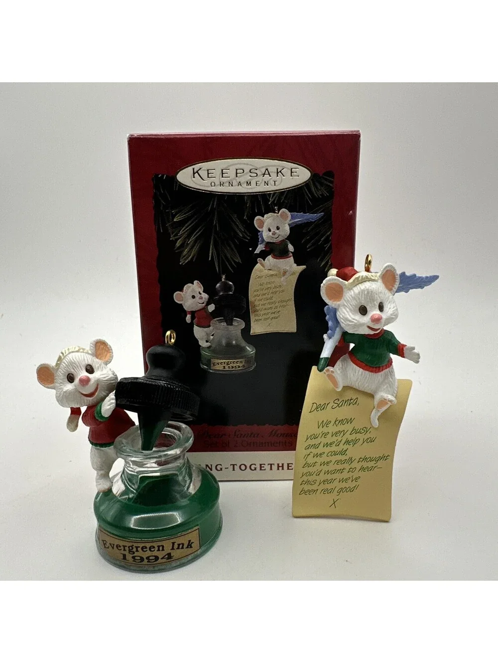1994 hallmark dear Santa mouse set of two ornaments hang together